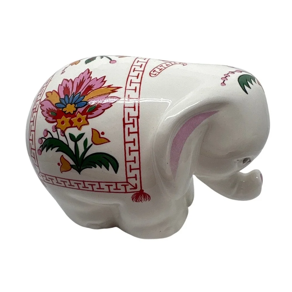 Prestige Place Ceramic Elephant Figurine White Floral Greek Key Border 4 Inch